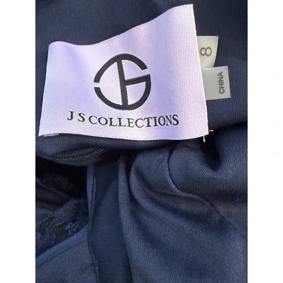 JS Collection Sz 8 Scarlet Wrap Tea Length Dress Navy Embroidered Mesh Soutache - Picture 10 of 15